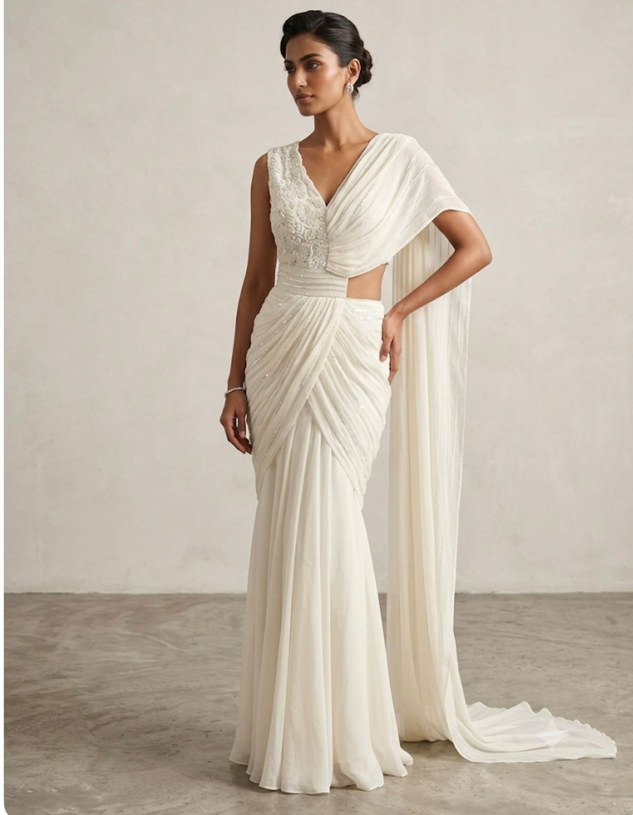 Ivory Embroidered Draped Saree