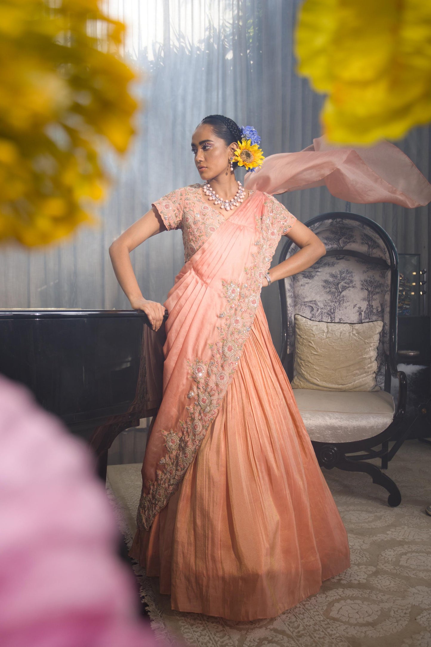 Rust drape zari lehenga set