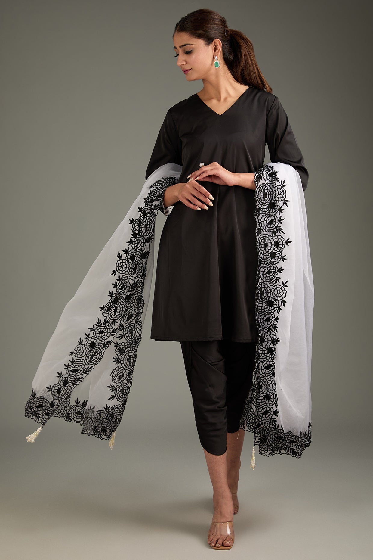 Black Couture Satin & Organza Hand Embroidered Kurta Set