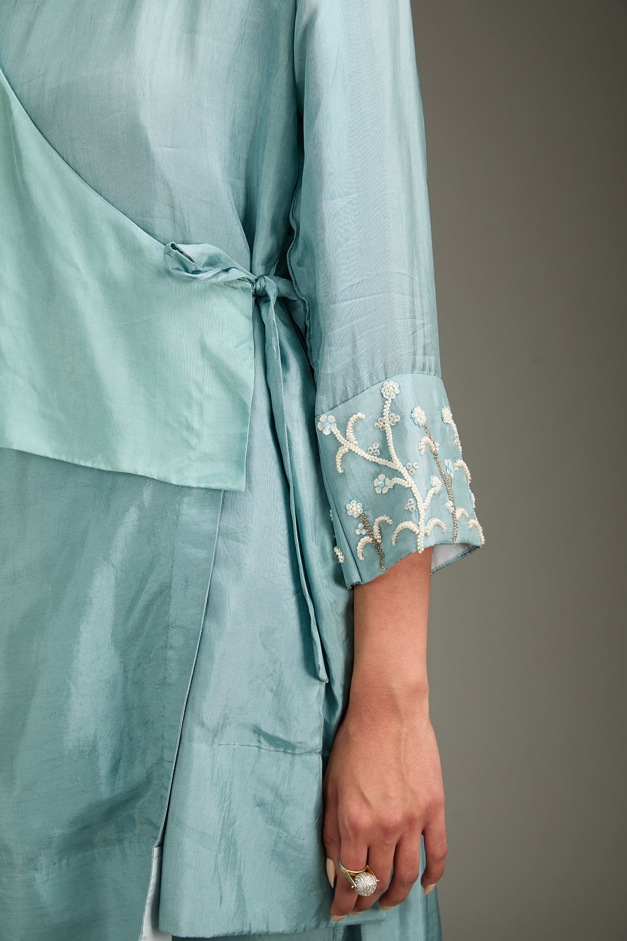 Teal Blue Couture Silk Moti Work Kurta Set