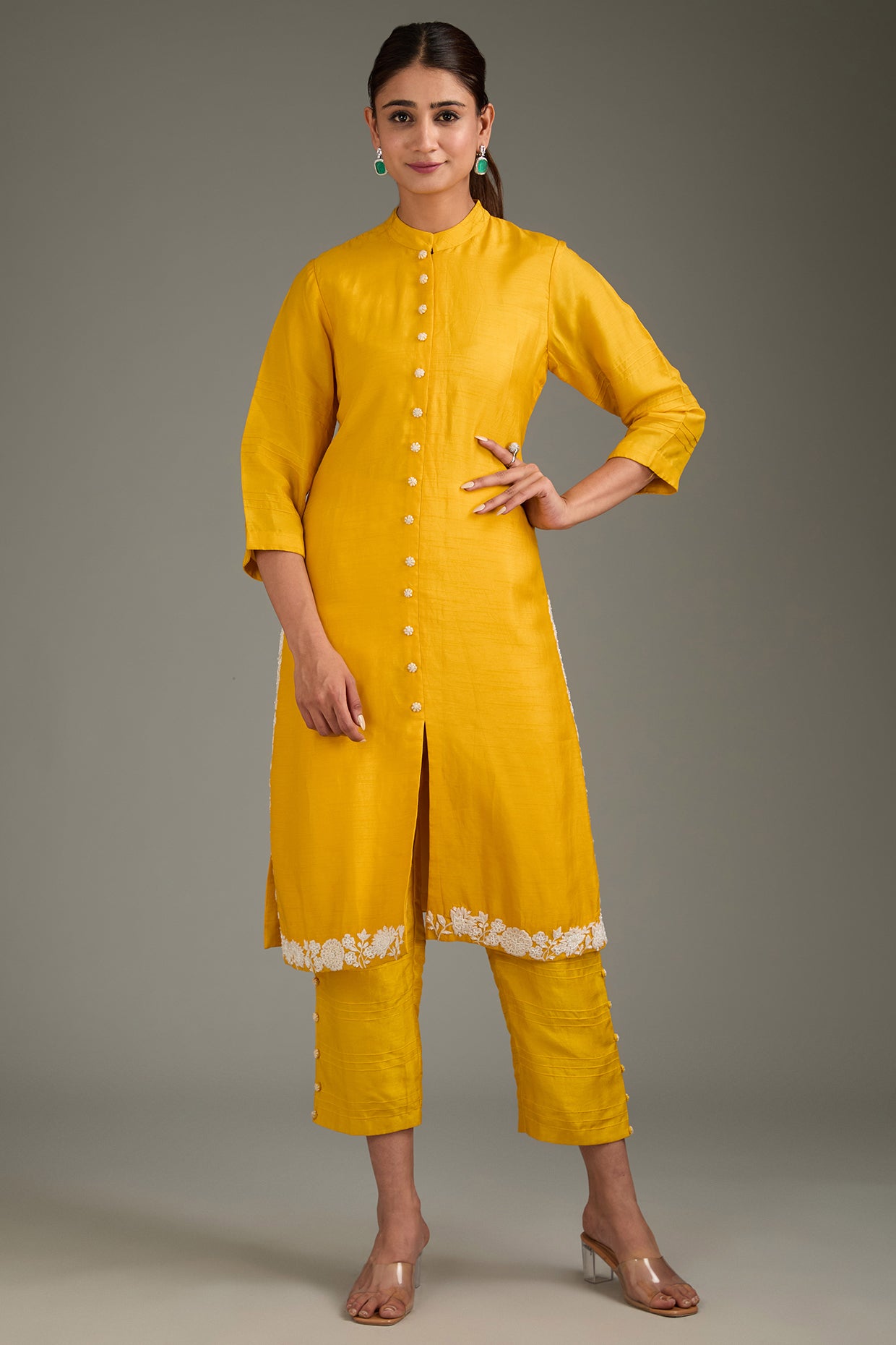Yellow Couture Silk Hand Embroidered Kurta Set