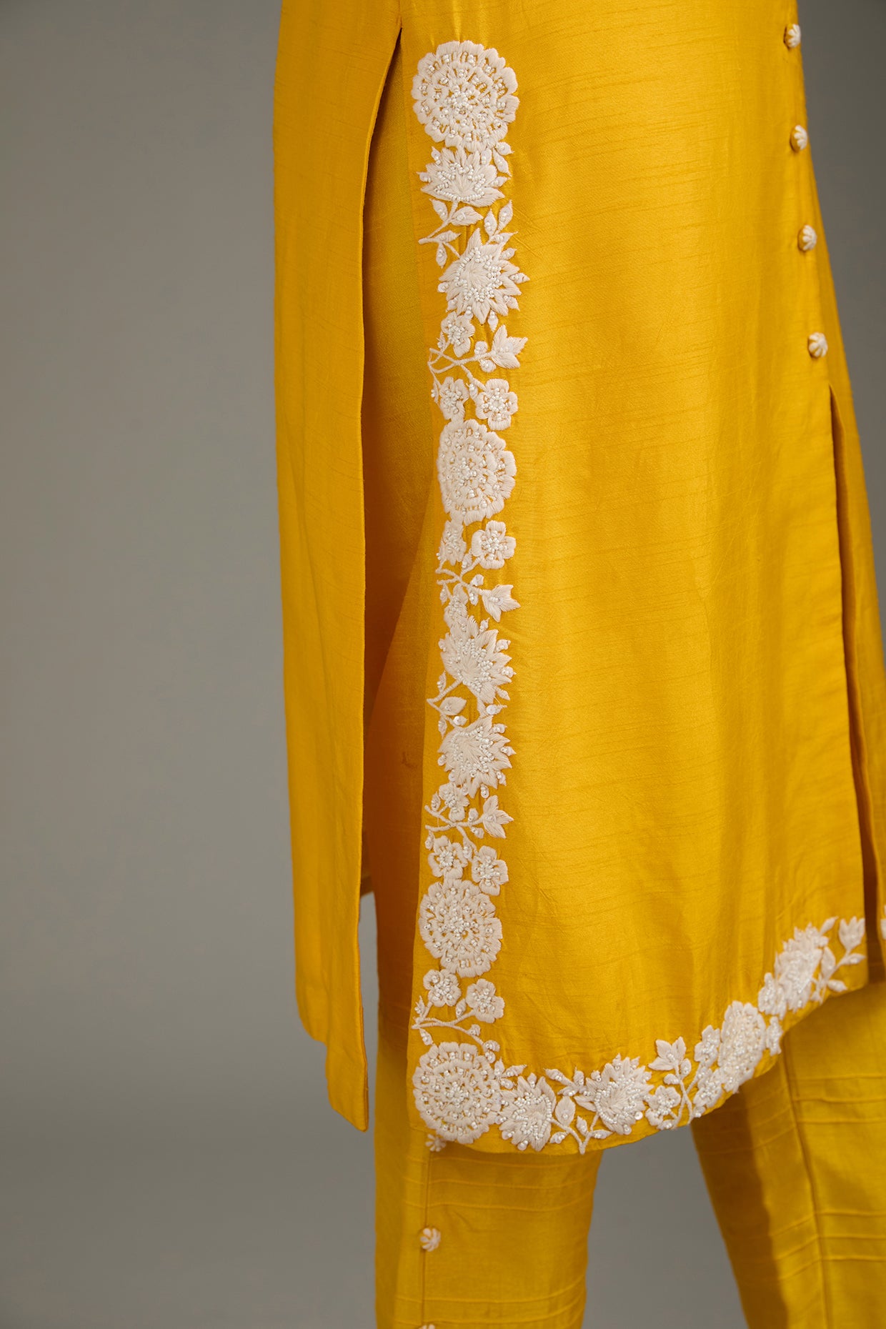Yellow Couture Silk Hand Embroidered Kurta Set