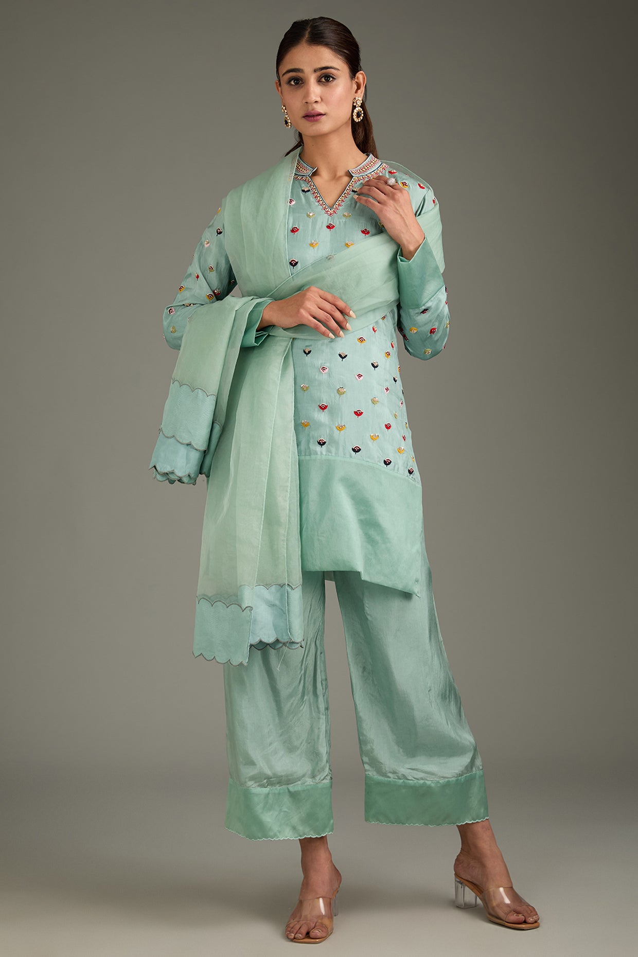 Teal Blue Couture Silk Hand Embroidered Kurta Set