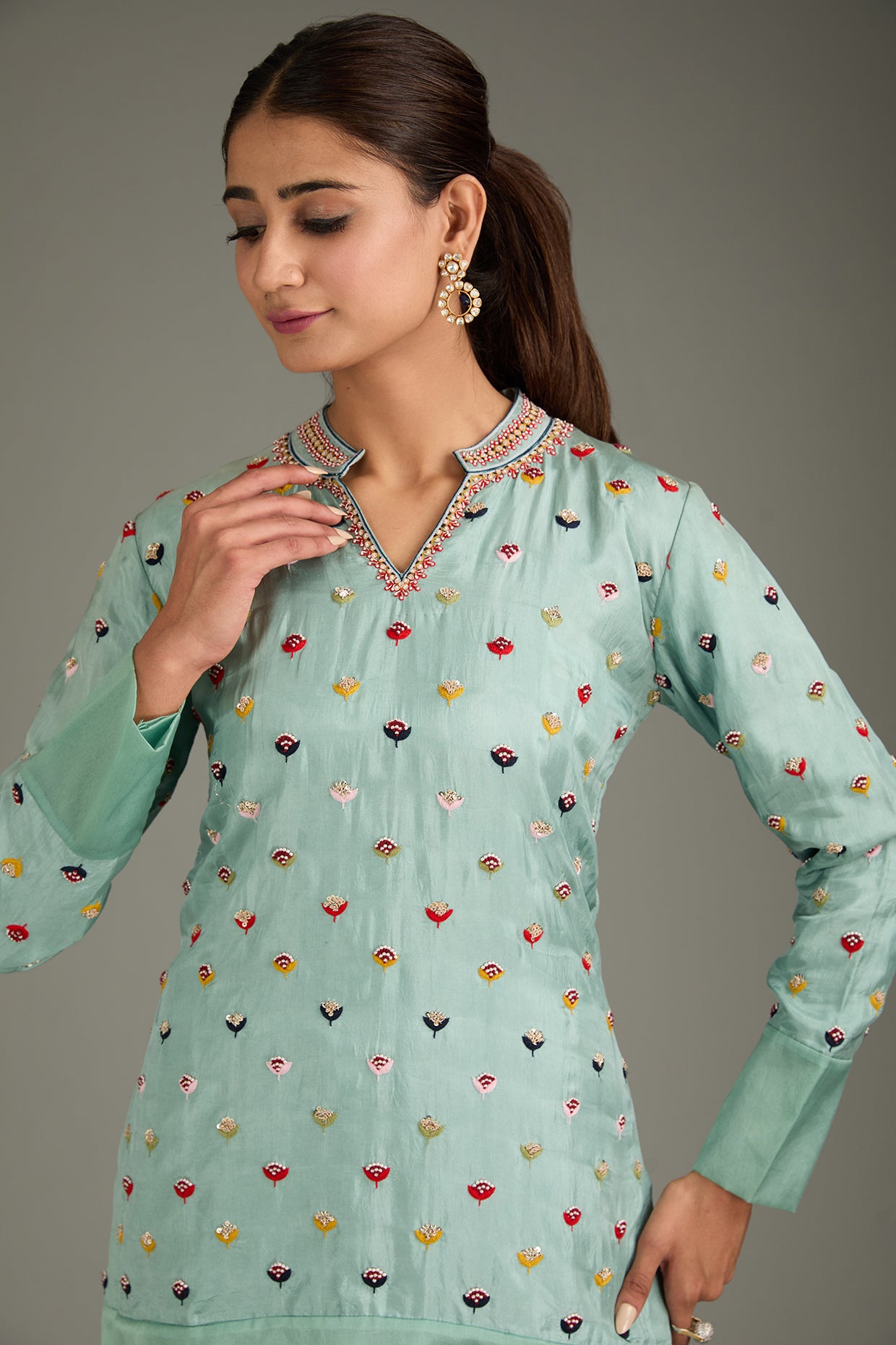 Teal Blue Couture Silk Hand Embroidered Kurta Set