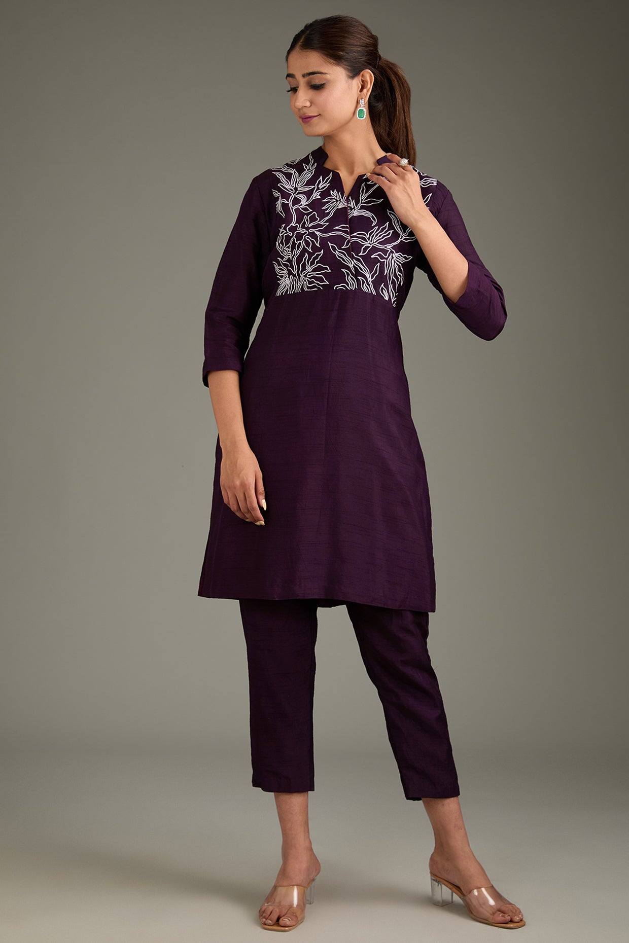 Wine Couture Silk Hand Embroidered Kurta Set