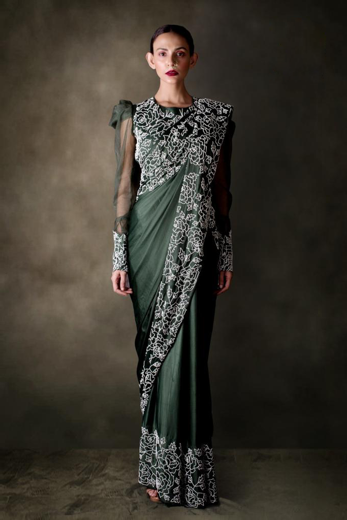 Bottle Green Beaded Sari Blouse Set