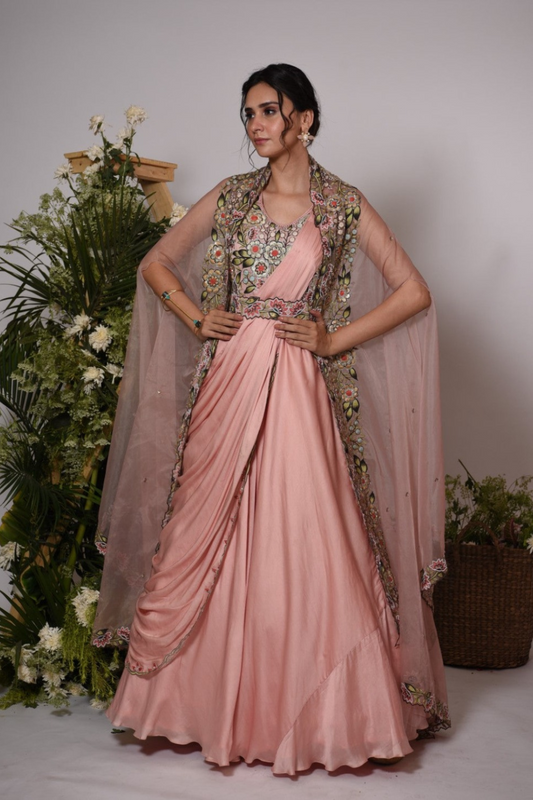 Peach cape drape gown