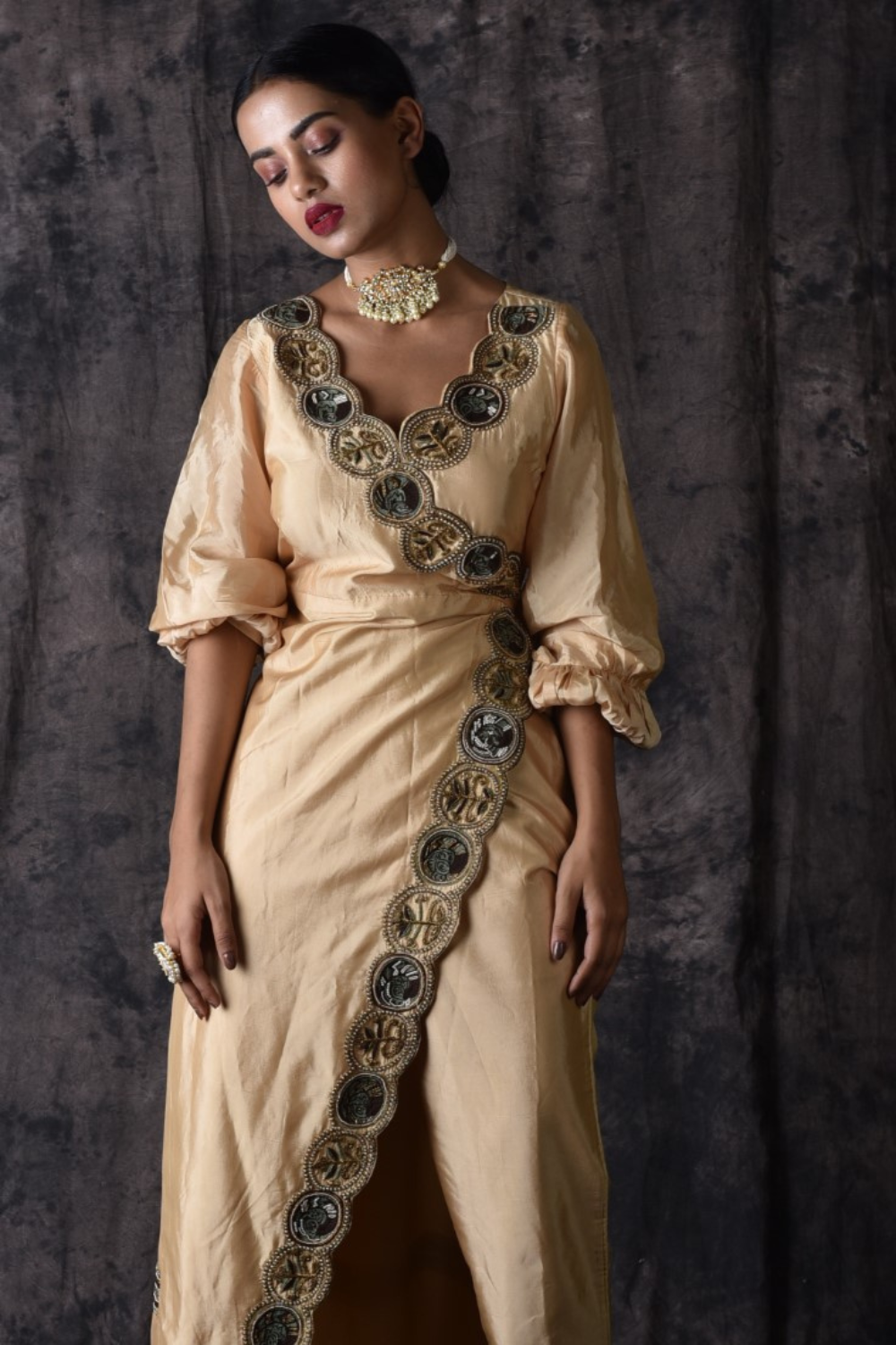 Beige side slit asymmetric kurti set