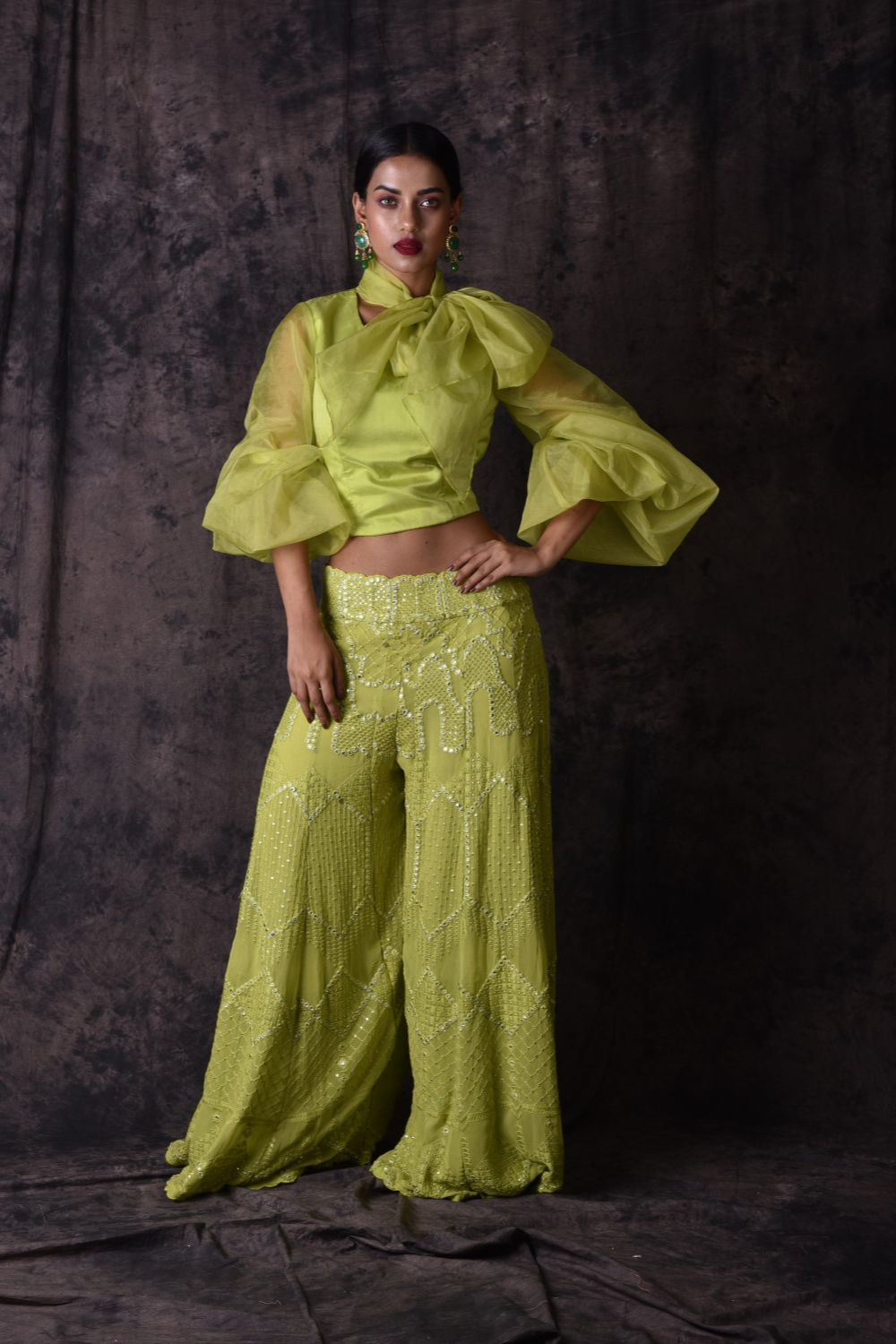 Pista green chikankari flared palazzo set