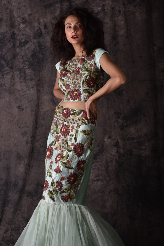 Mint green embroidered top and skirt set