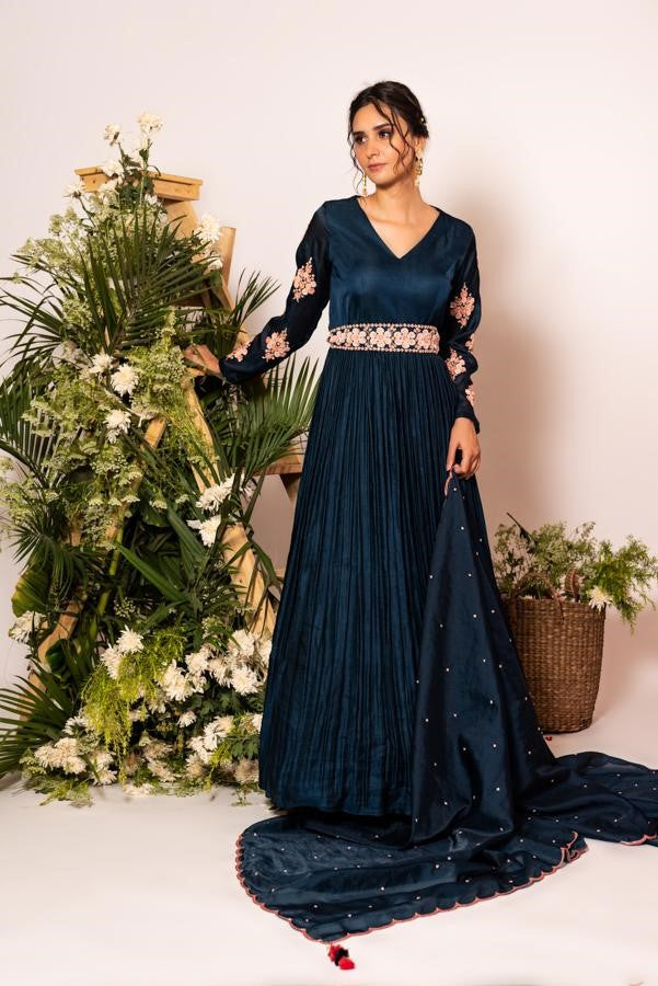 Navy blue gown with belt and dupatta
