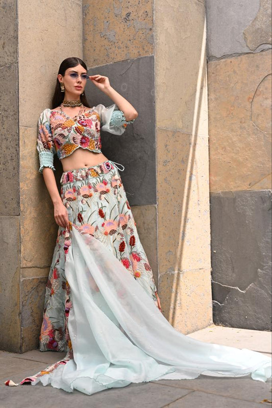 Powder blue off shoulder lehenga set