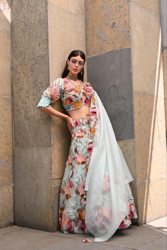 Powder blue off shoulder lehenga set