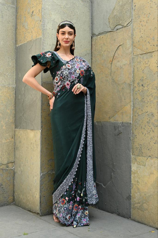 Bottle green embellished saree blouse set