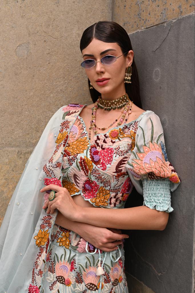 Powder blue off shoulder lehenga set