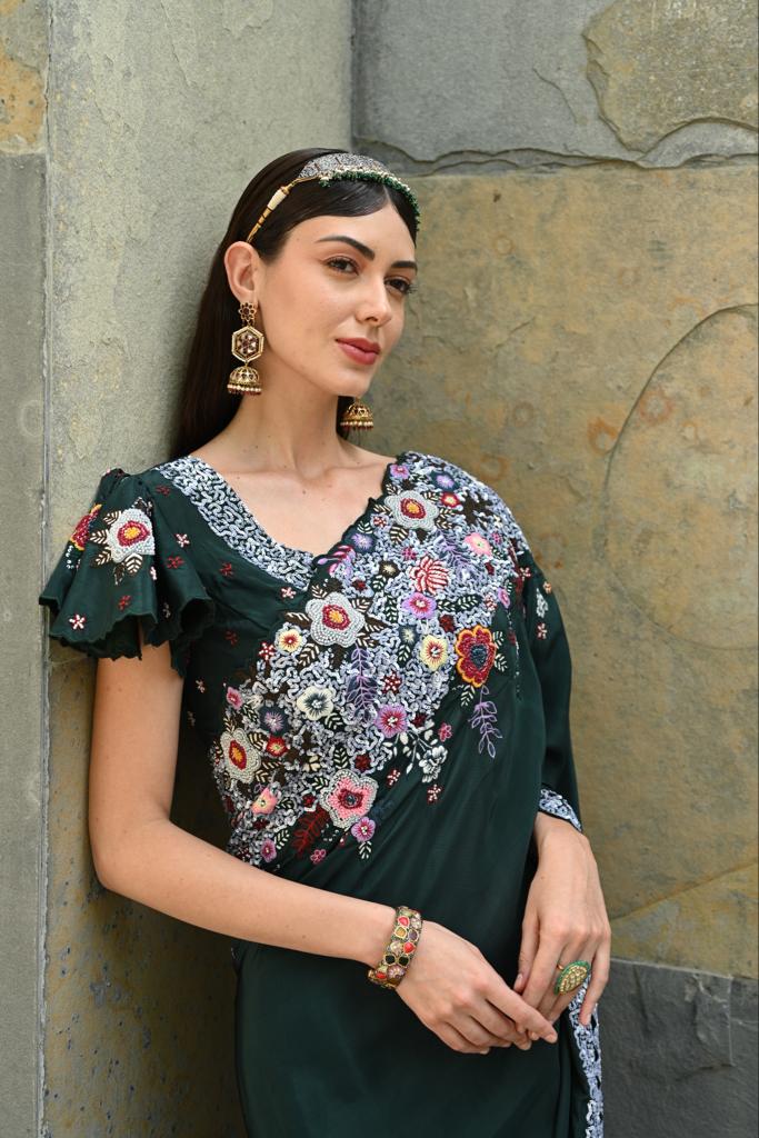 Bottle green embellished saree blouse set