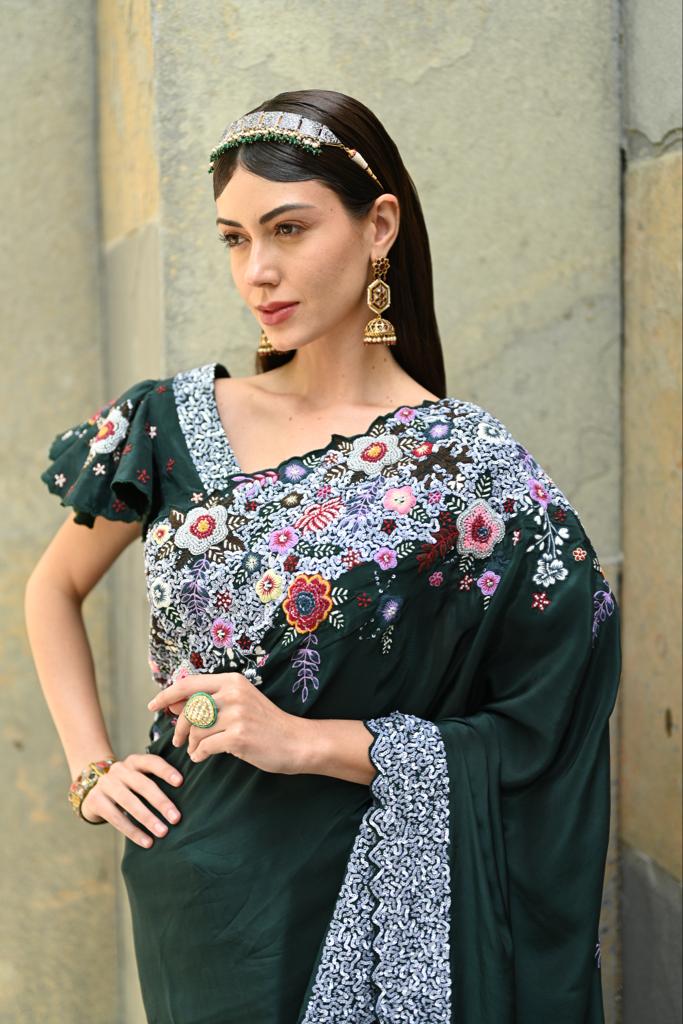 Bottle green embellished saree blouse set