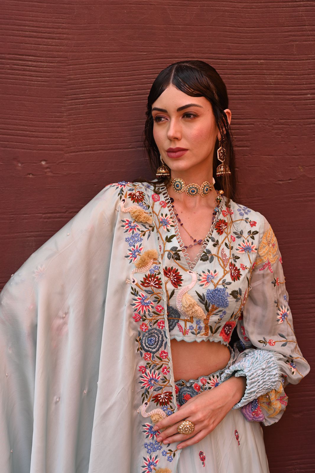 Powder blue flamingo embroidered lehenga set