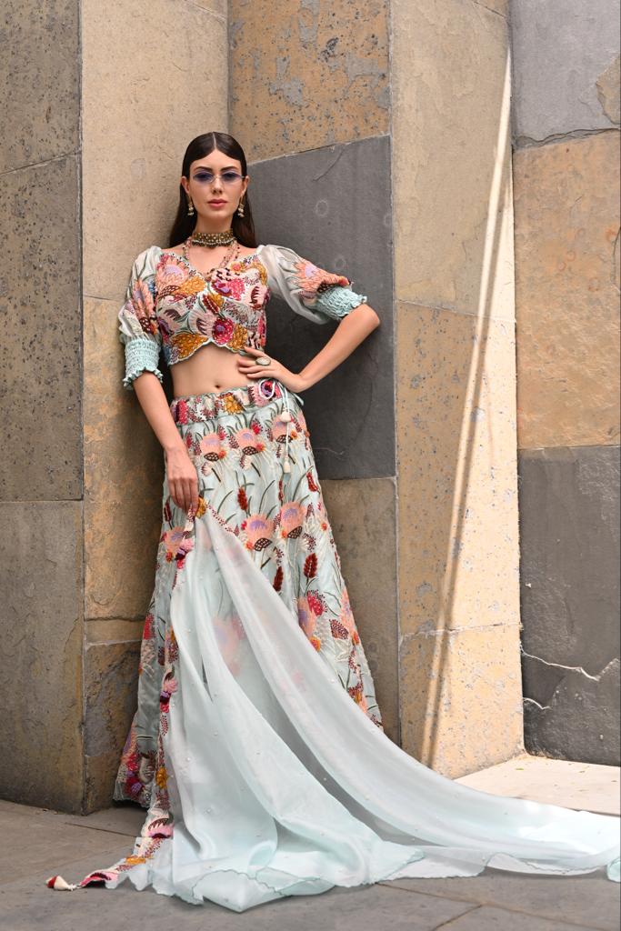 Powder blue off shoulder lehenga set
