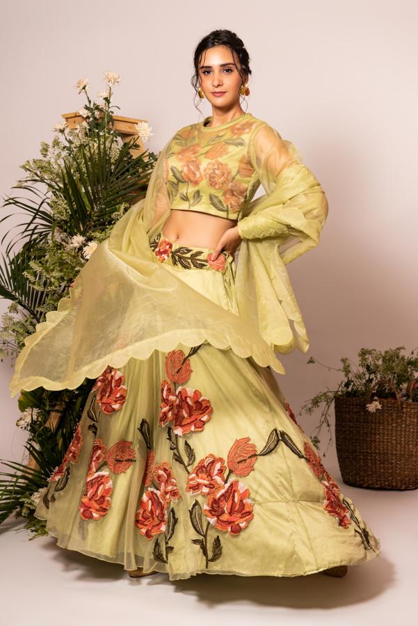Pista green fish scale sleeves lehenga set