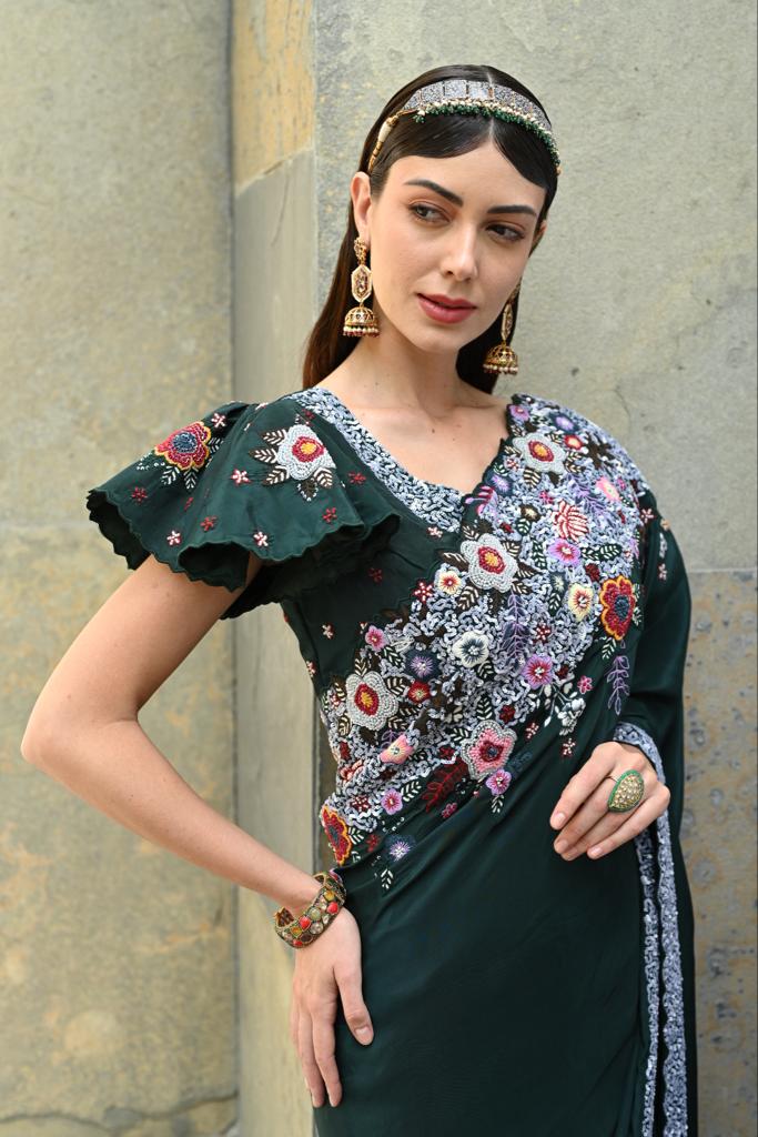 Bottle green embellished saree blouse set