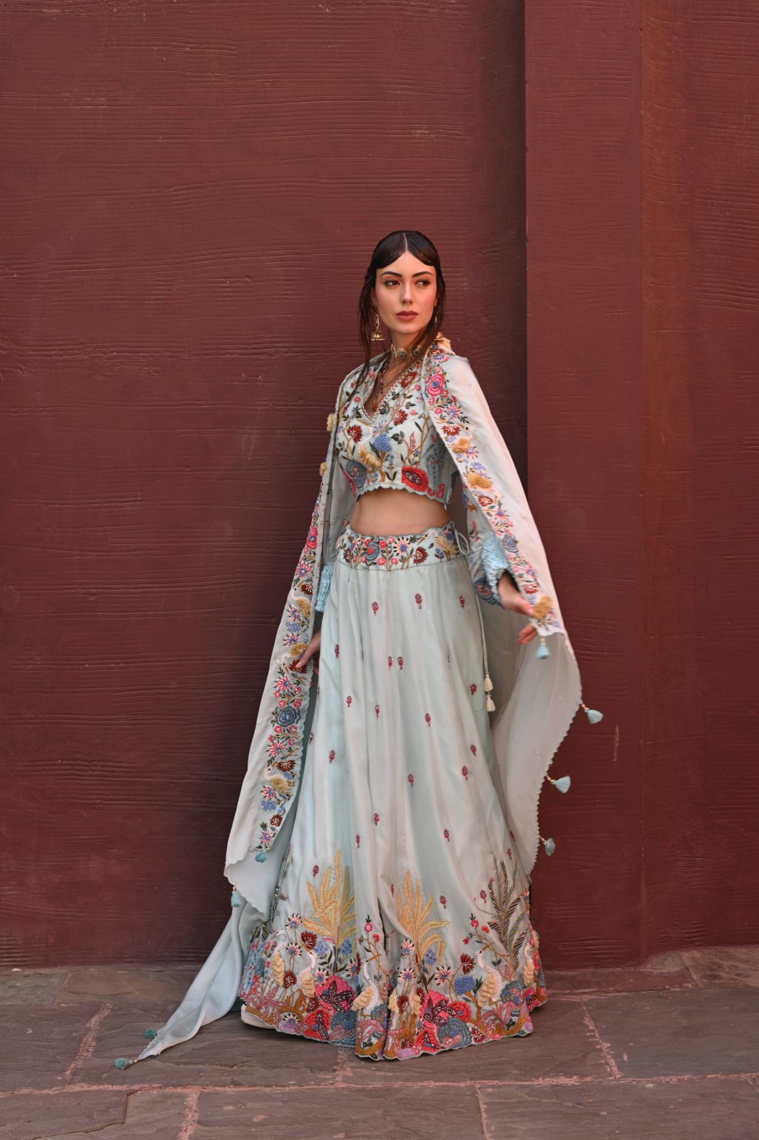 Powder blue flamingo embroidered lehenga set