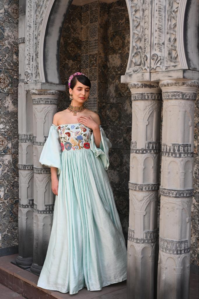 Powder blue off shoulder gown