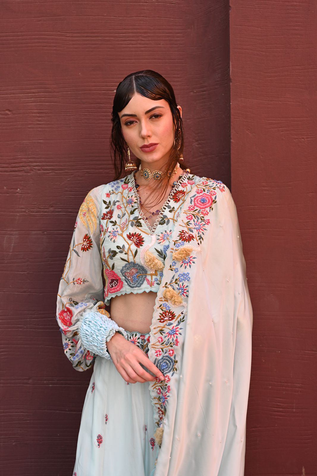 Powder blue flamingo embroidered lehenga set