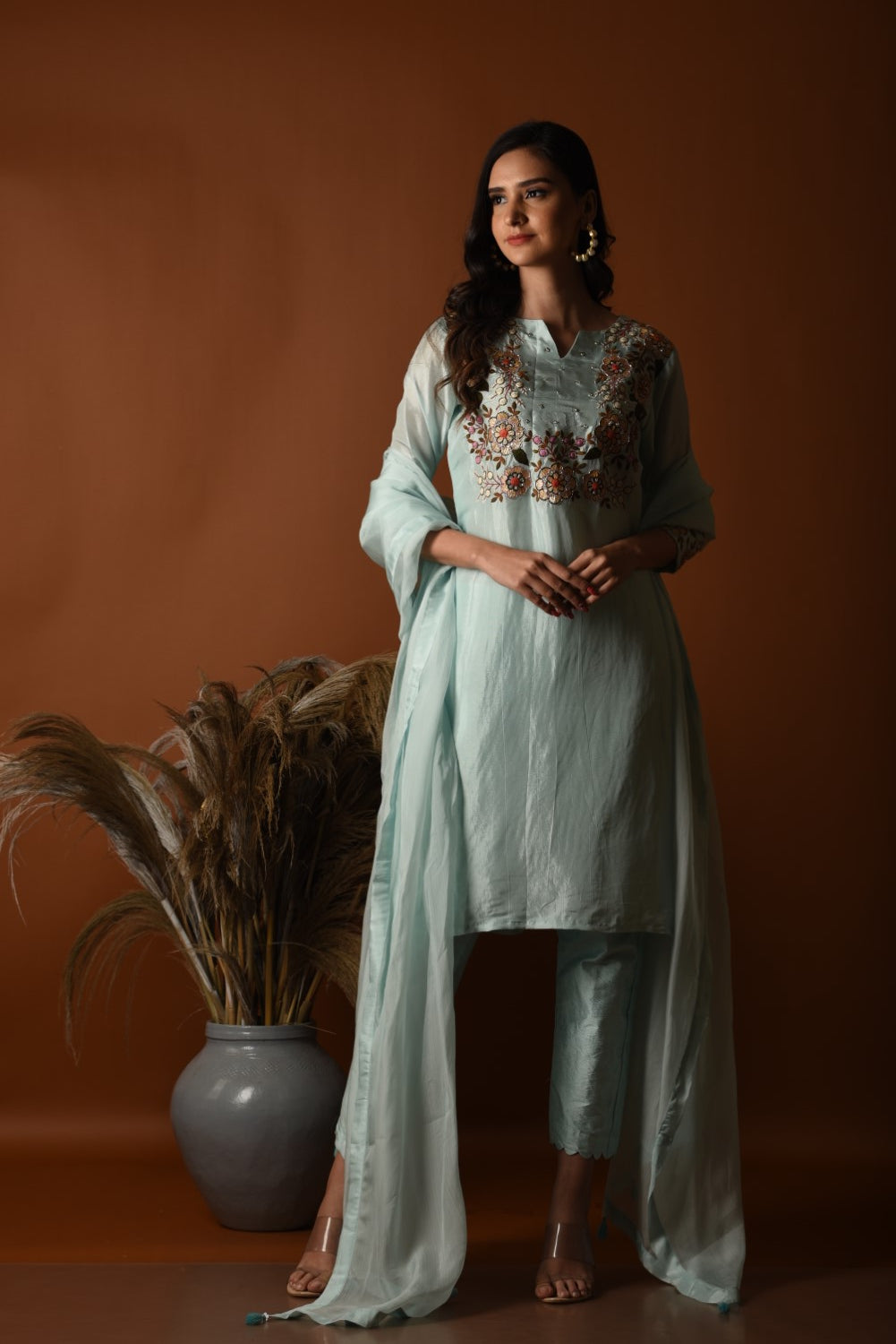 Powder blue floral embroidered kurti set