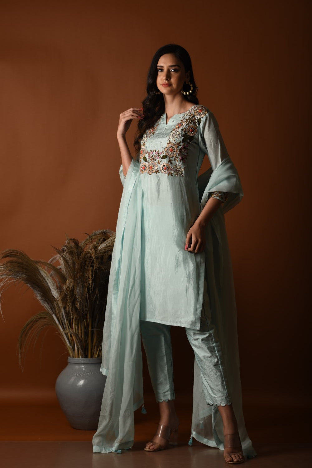 Powder blue floral embroidered kurti set