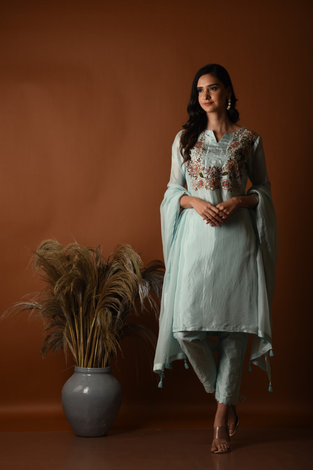 Powder blue floral embroidered kurti set