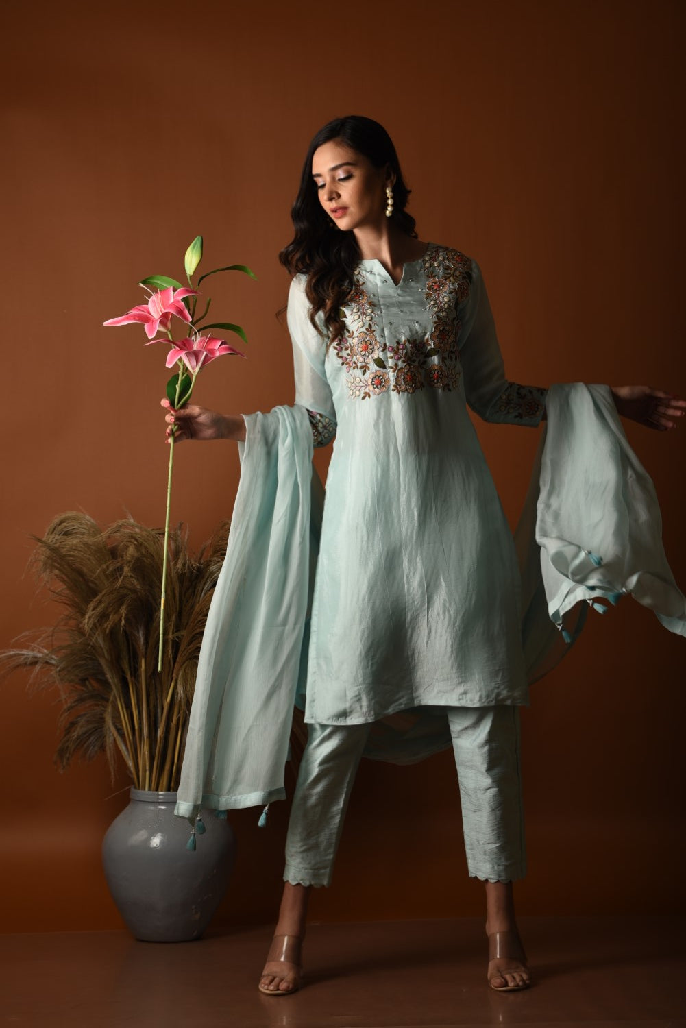 Powder blue floral embroidered kurti set