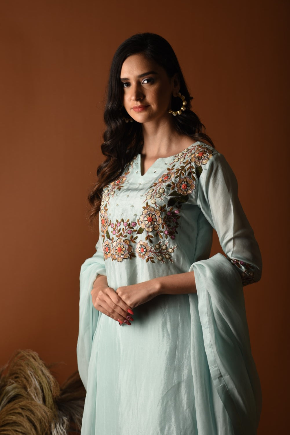 Powder blue floral embroidered kurti set