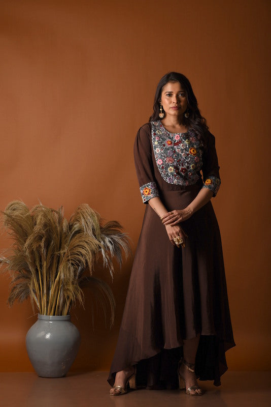 Coffee sequinned high-low gown