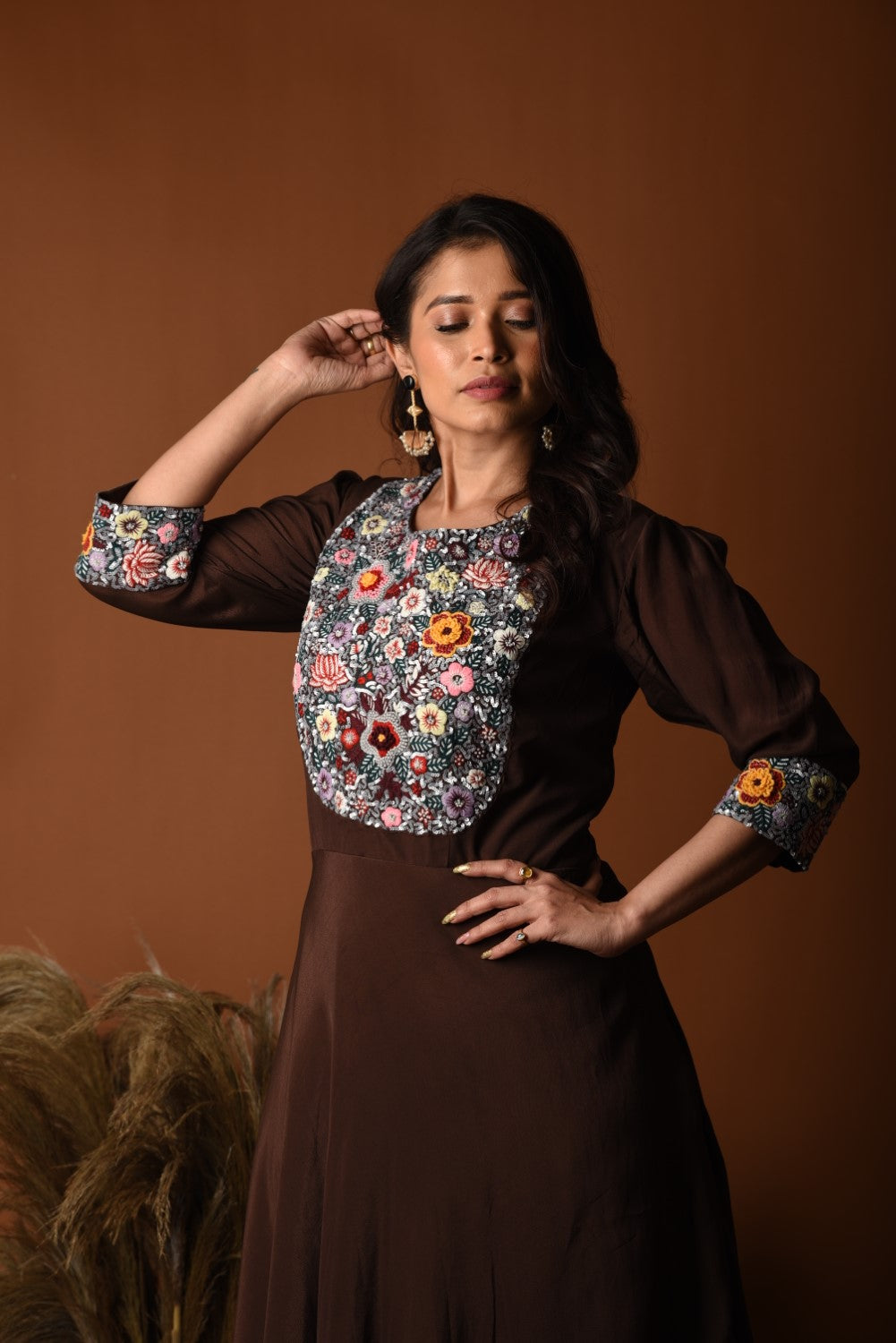 Coffee sequinned high-low gown