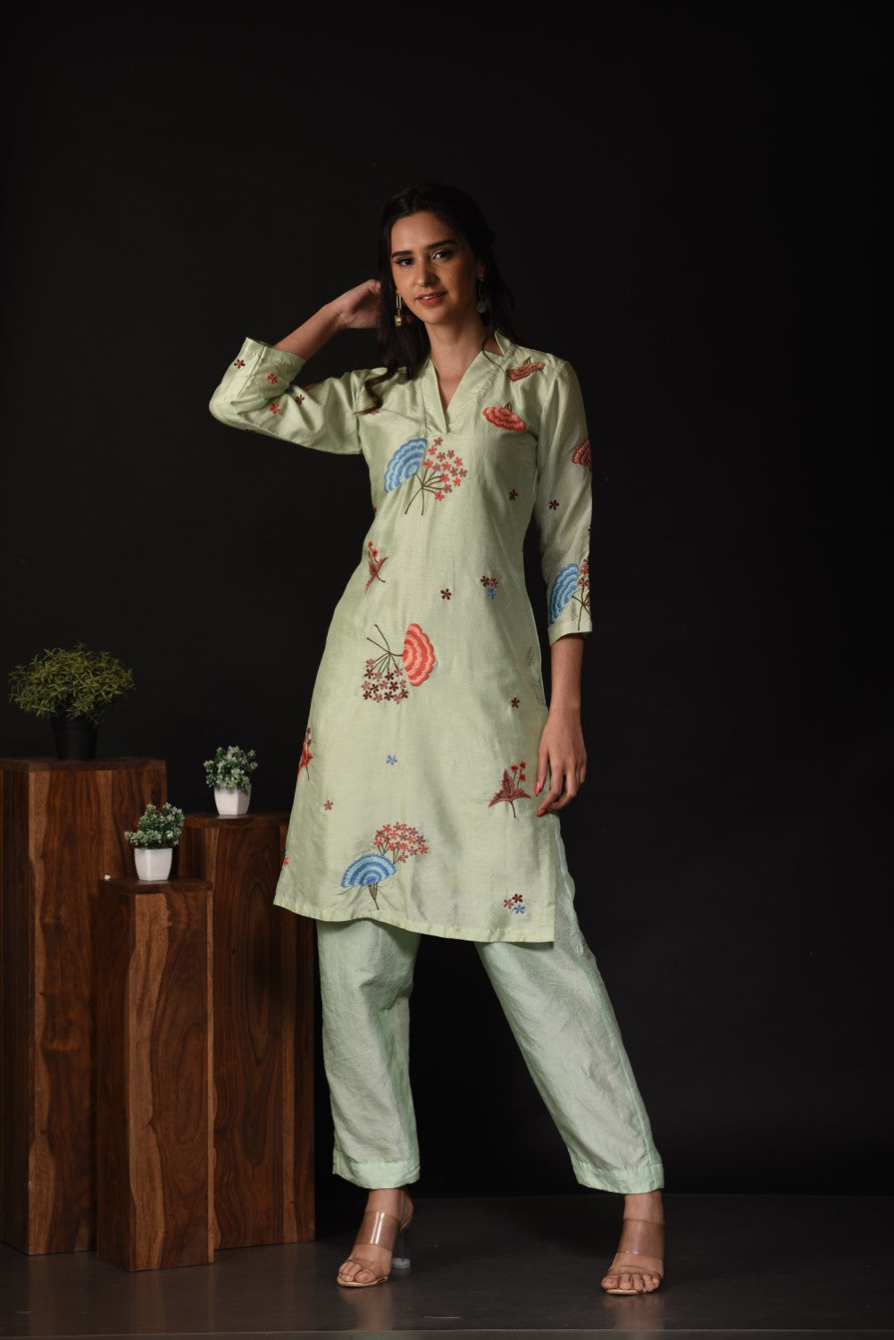 Mint green embroidered kurti set