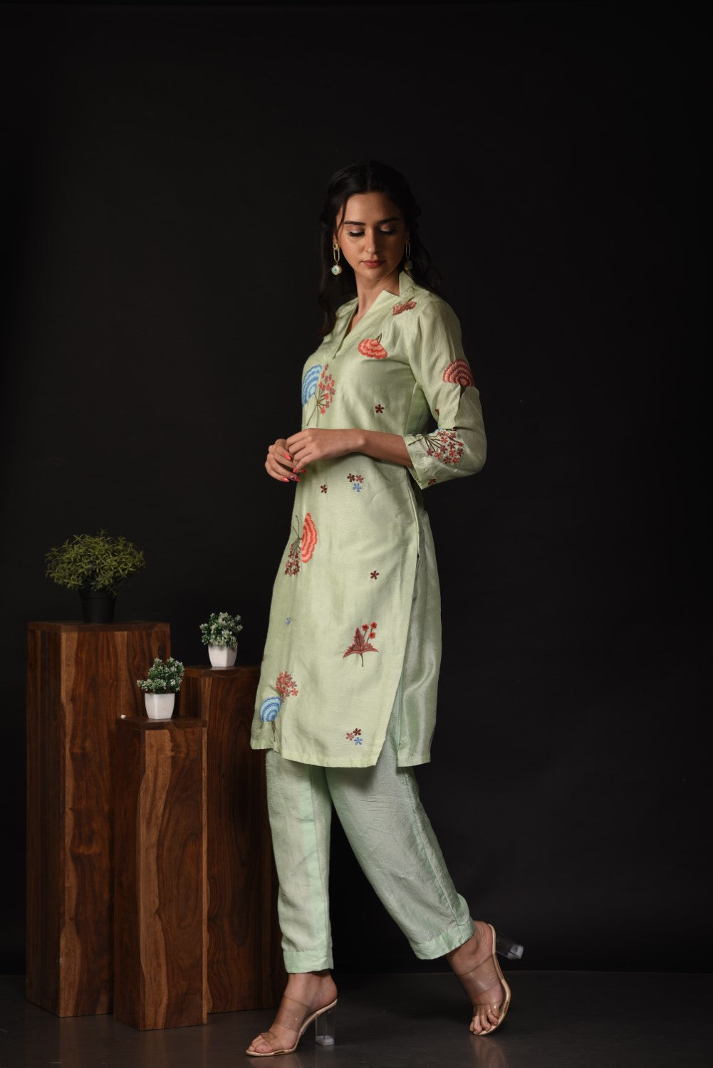Mint green embroidered kurti set