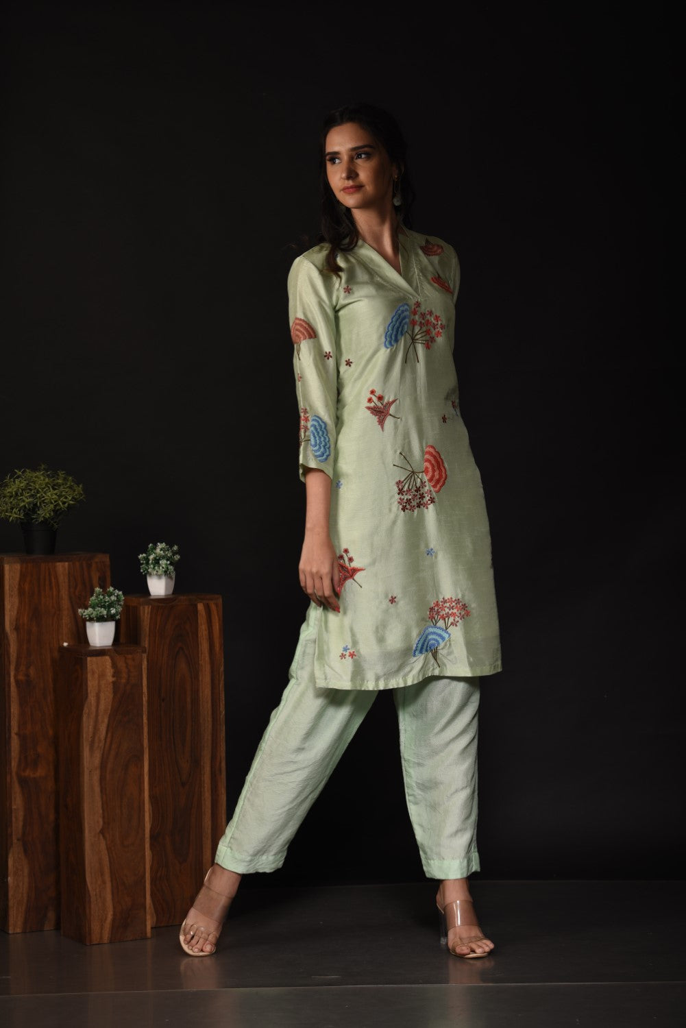 Mint green embroidered kurti set