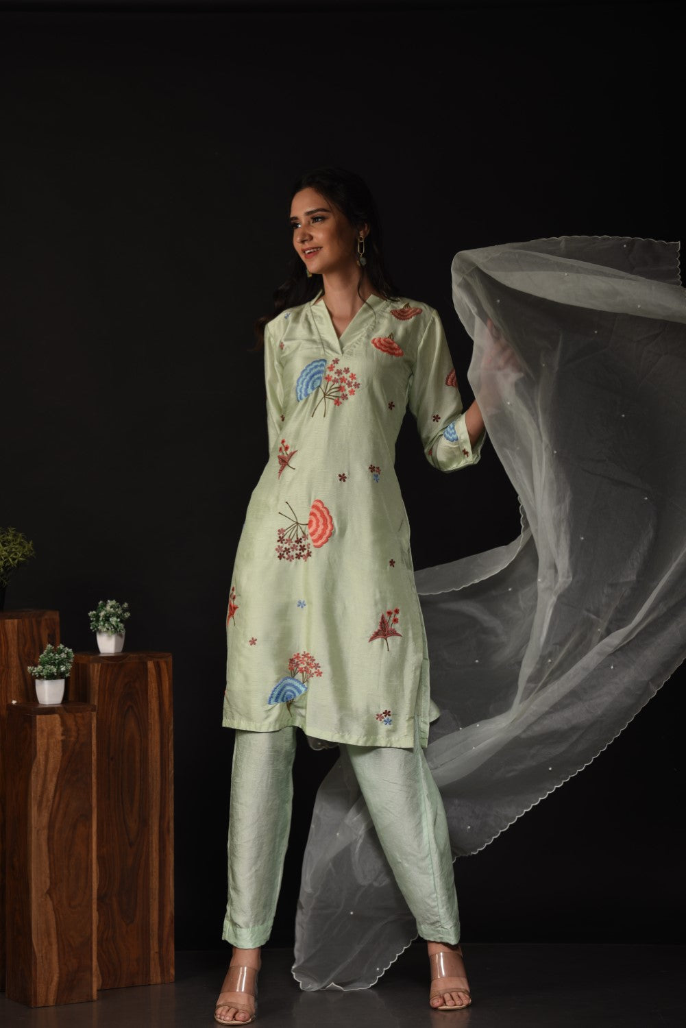 Mint green embroidered kurti set