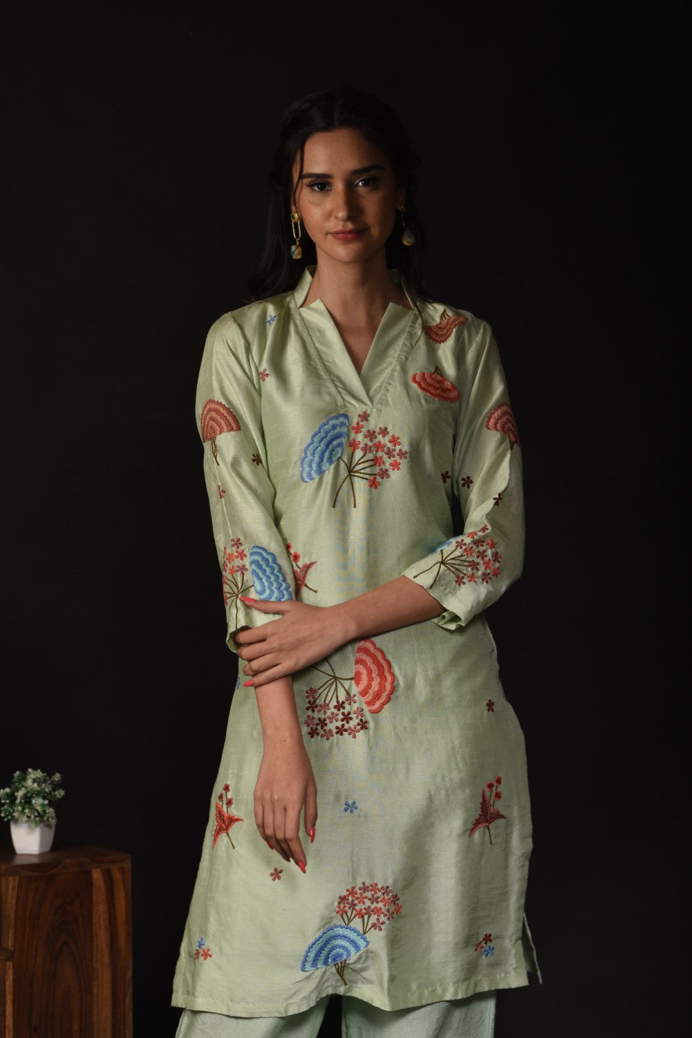 Mint green embroidered kurti set