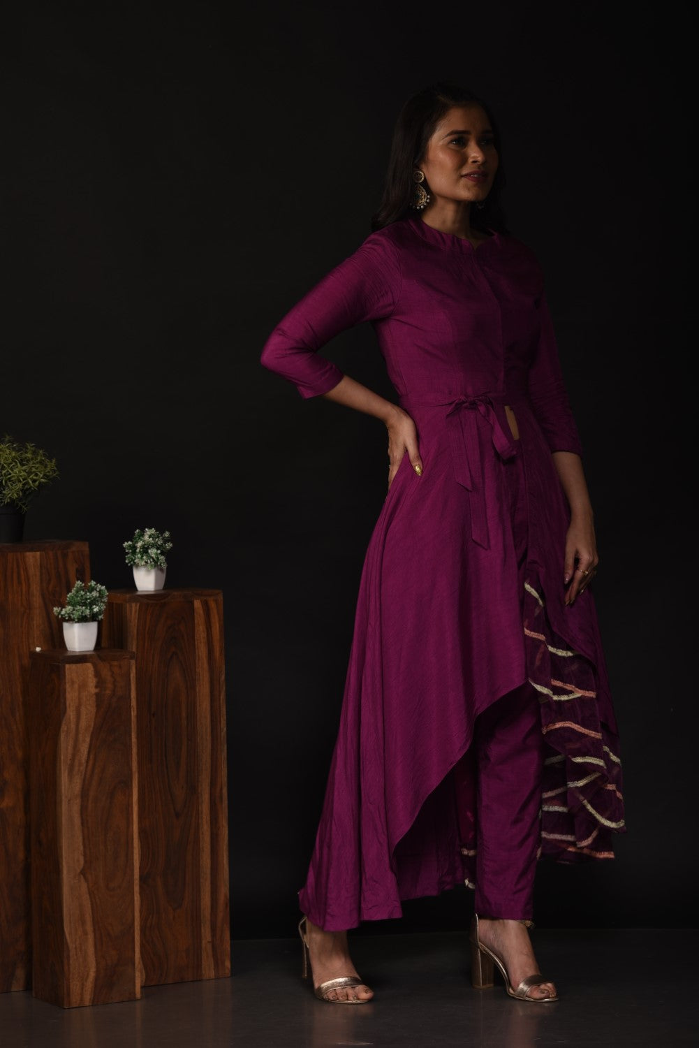 Purple front slit high low kurti set