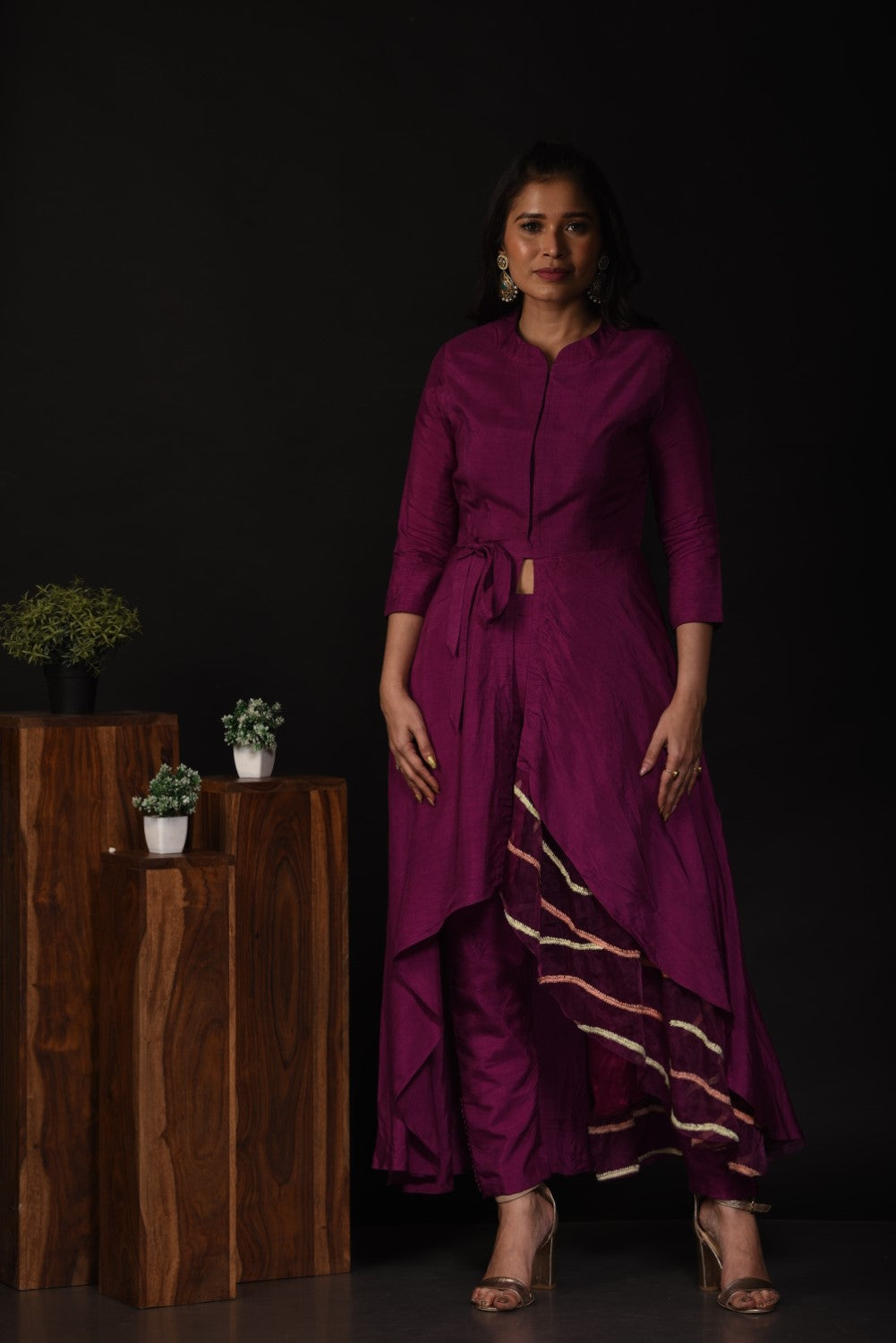 Purple front slit high low kurti set