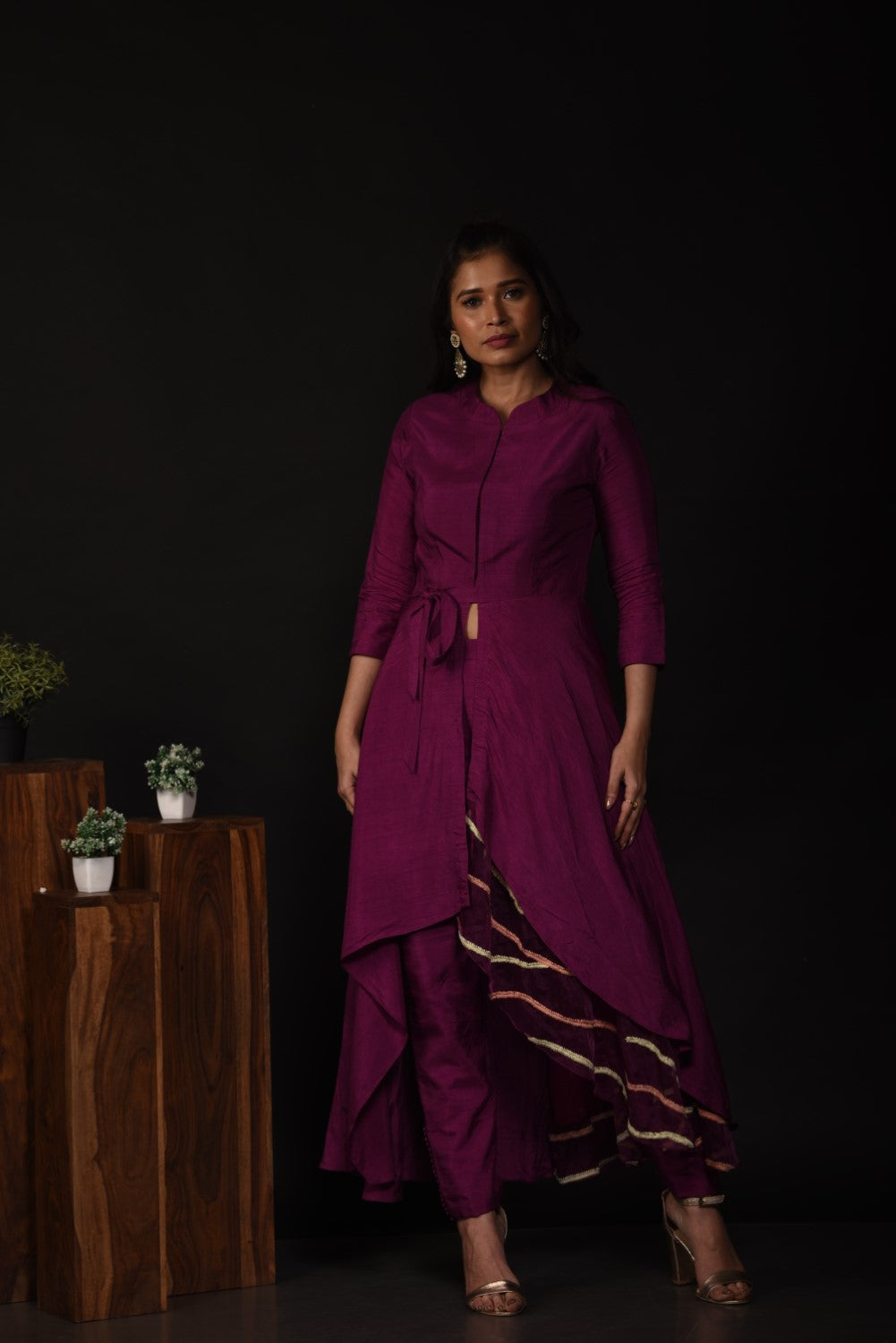 Purple front slit high low kurti set