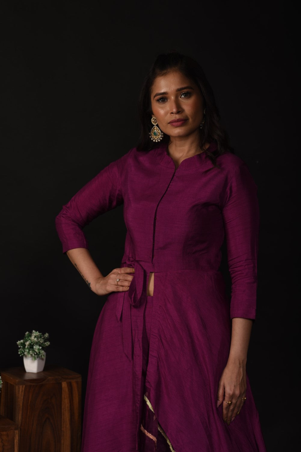 Purple front slit high low kurti set