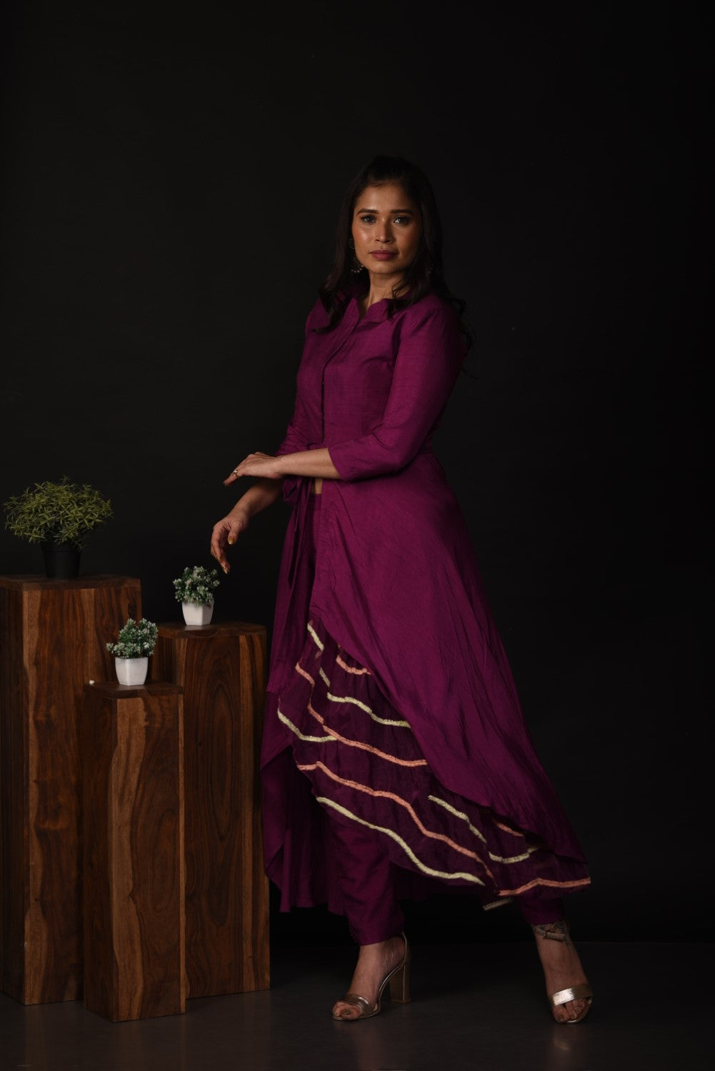 Purple front slit high low kurti set