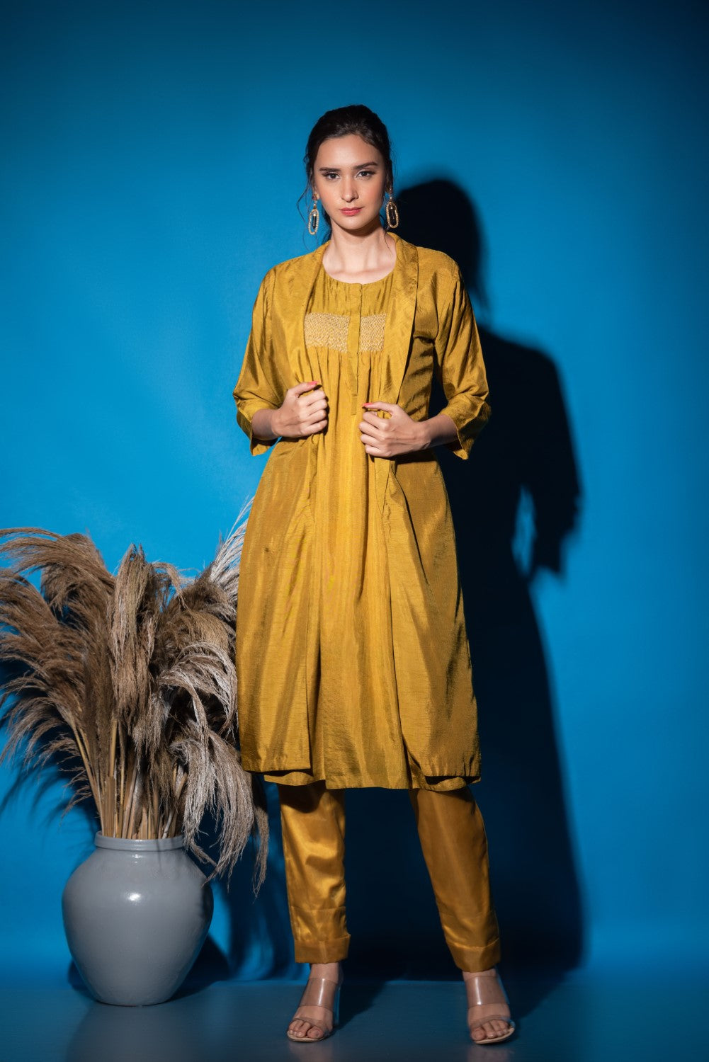 Yellowish green smocking kurti set