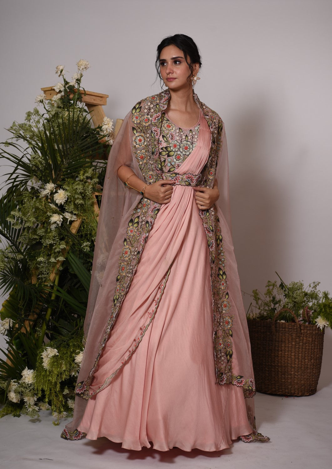 Peach cape drape gown