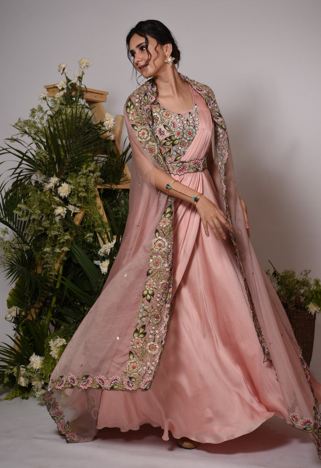 Peach cape drape gown