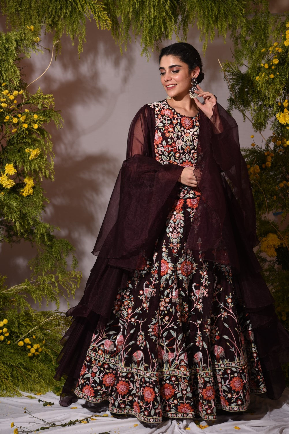 Wine embroidered and embellished lehenga set