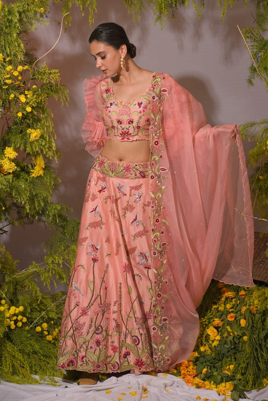 Peach embroidered  lehenga set